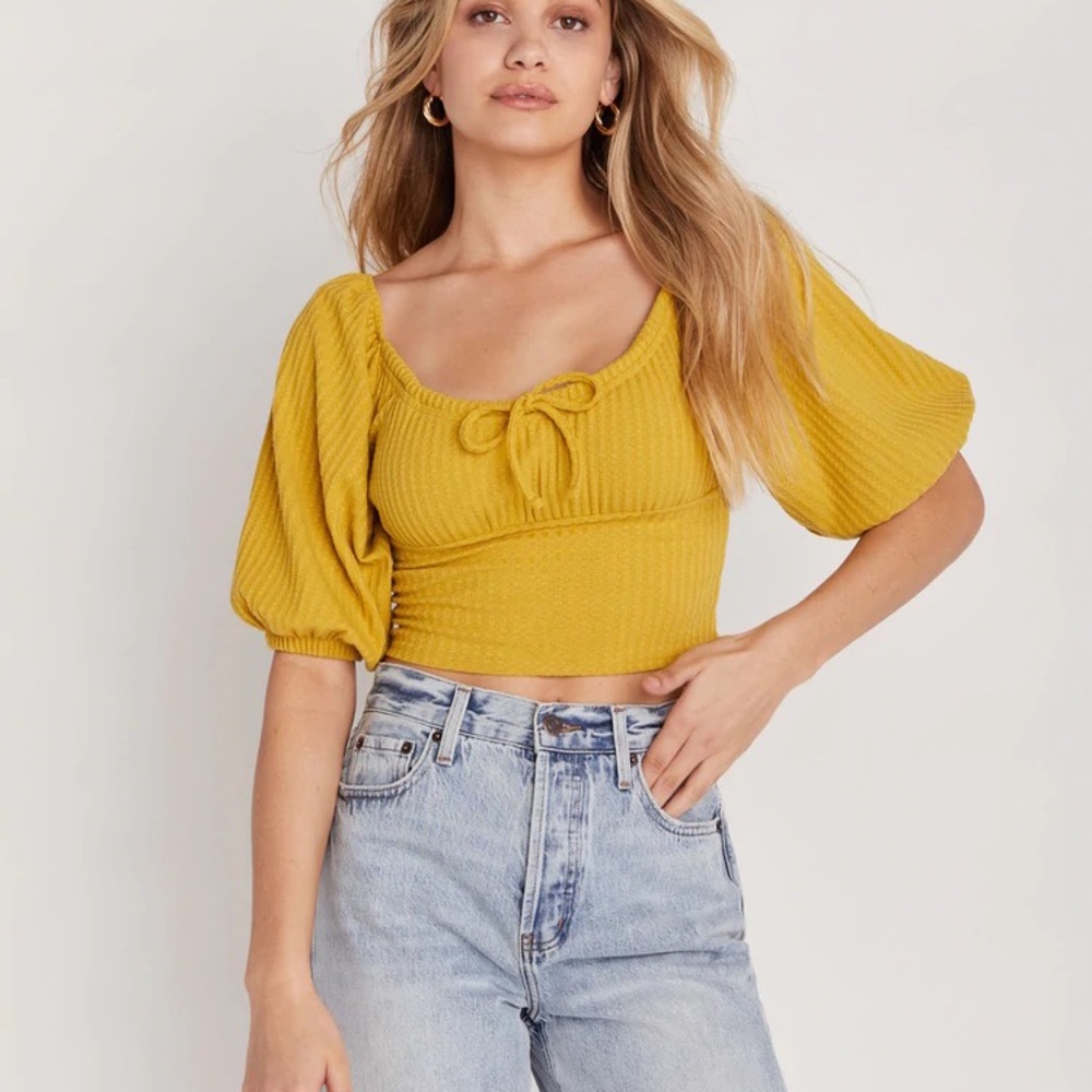 Backyard Roses Mustard Puff Sleeve Crop Top Emmeline Top New with Tags